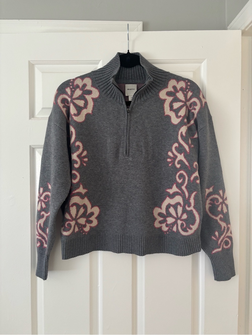 Maeve by Anthropologie Gray Floral Quarter Zip Sweater | XS | Cozy Knit Pullover - Picture 2 of 8
